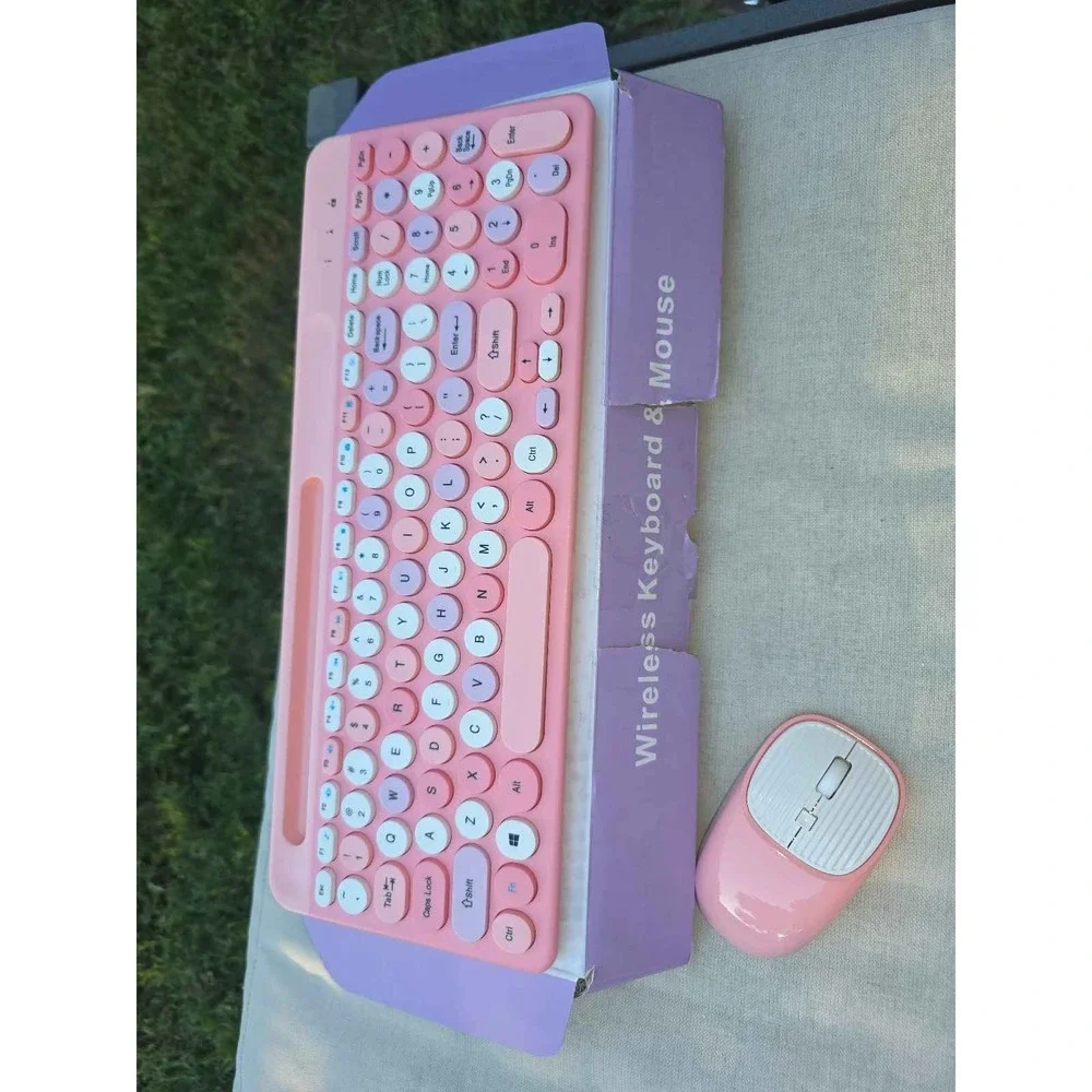 Pink Retro Round Keycaps Full-Size Typewriter Keyboard Mouse Set dongle missing
